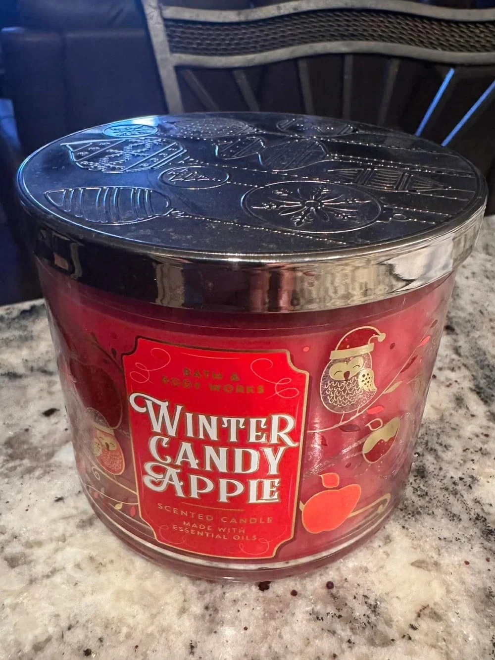 Bath & Body Works Winter Candy Apple Red and Silver 3-Wick Candle